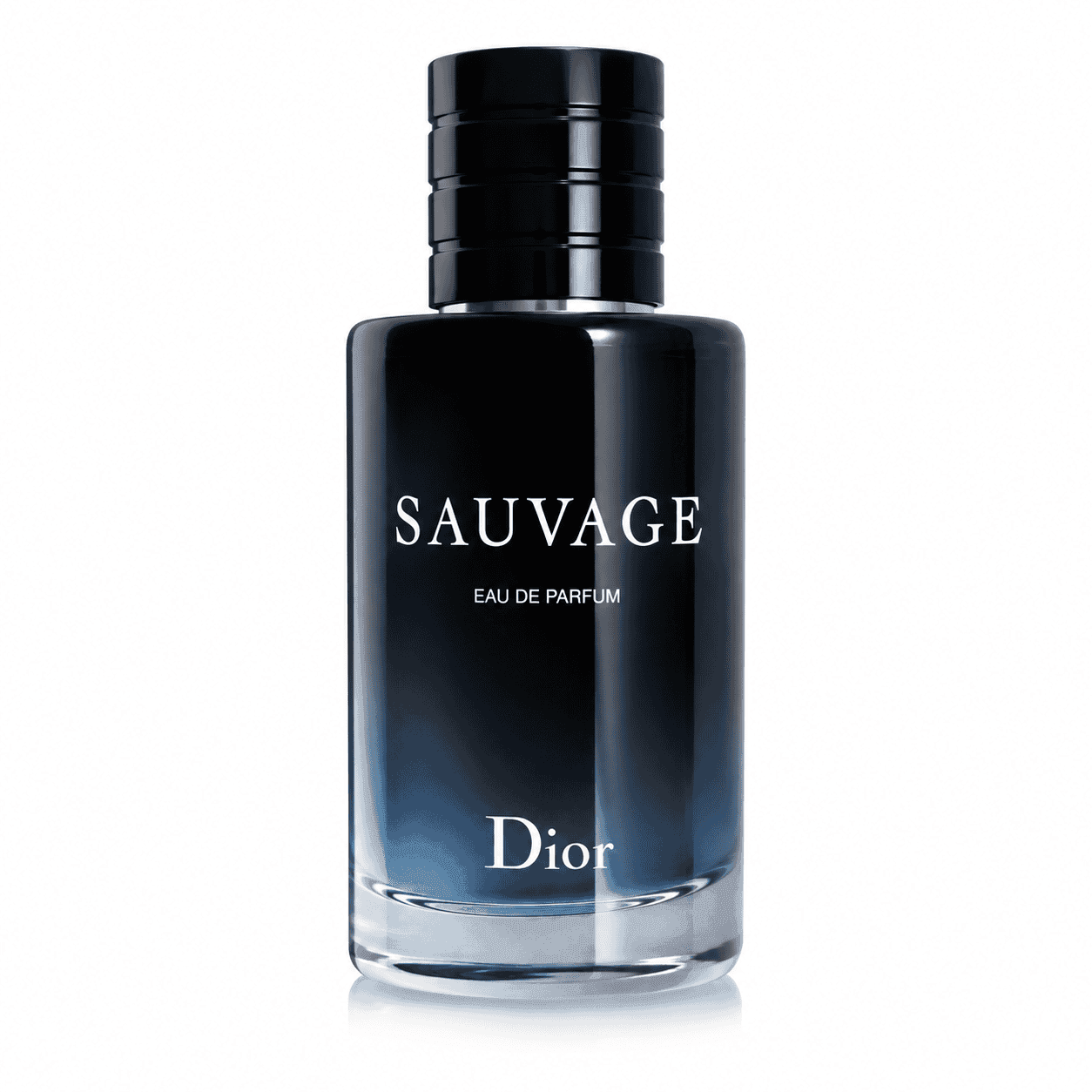 Dior Sauvage Eau de Parfum bottle with black cap and blue gradient design.