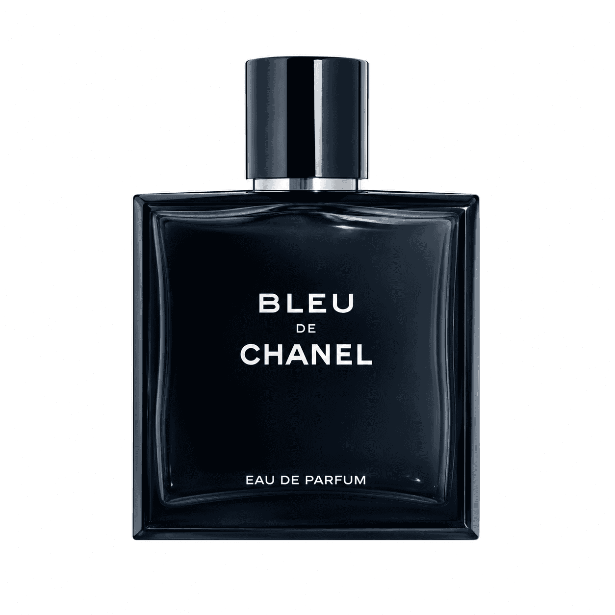 Bleu De Chanel perfume bottle for men, 50ml, sleek black design.